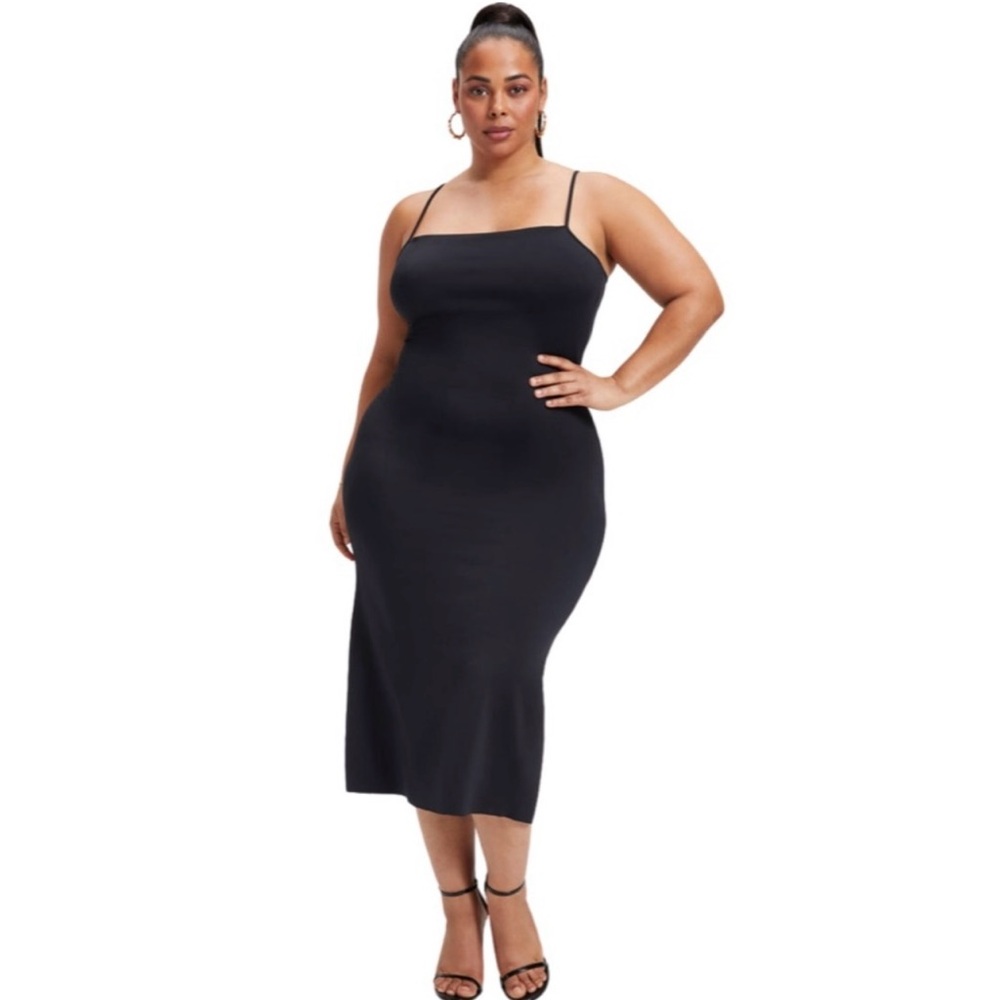 Good American Women’s Black Spaghetti Strap- SZ 6=3X -Scuba MIDI Slip Dress